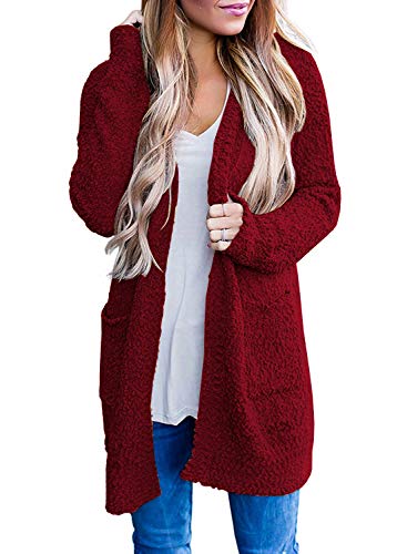 Arjungo Women's Loose Open Front Sweater Cardigans Popcorn Chunky Knitted Long Outwear with Pockets (Burgundy, S)