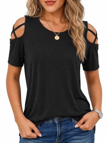 Image of Jar of Love Women's Summer Tops Short Sleeve Cold Shoulder Tops T-Shirts for Women Spring Summer Tops Loose Fit Tunic 2026