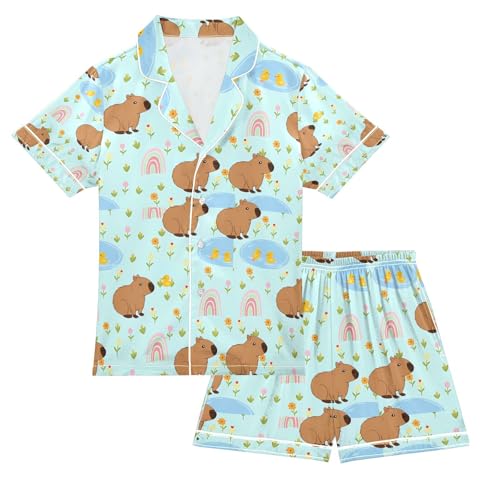 senya Capybara with Duck on Rainbow Satin Summer Pajama Sets Silk Short Sleeve Button Down Sleepwear