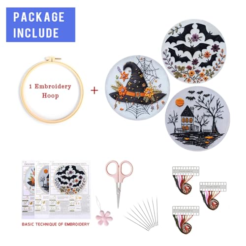 Image of LB Halloween Embroidery Kit for Beginners Adults, 3 Sets Hand Embroidery Starter Kit with Gothic Bat Pattern and Instructions Stamped Cross Stitch Kits Include Embroidery Hoop Needles Threads Scissors