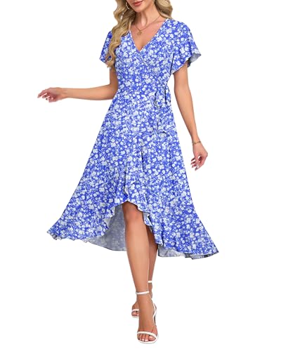 Image of AUSELILY Women Summer Midi Dresses Wrap Short Flutter Sleeve Elegant Dress | High Slit,High-waisted,Ruffled Hem,V-Neck,Fixed-strap Design,Skin-Friendly,Breathability,Wedding Guest Dresses