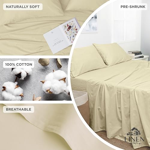 Image of Linen Home Washed Cotton Percale Twin Sheet Set, Ivory, Preshrunk, 3 Pieces Sets - 1 Flat, 1 Deep Pocket Fitted Sheet & 1 Envelope Closure Pillowcase, Soft, Cool and Comfortable Bed Linen