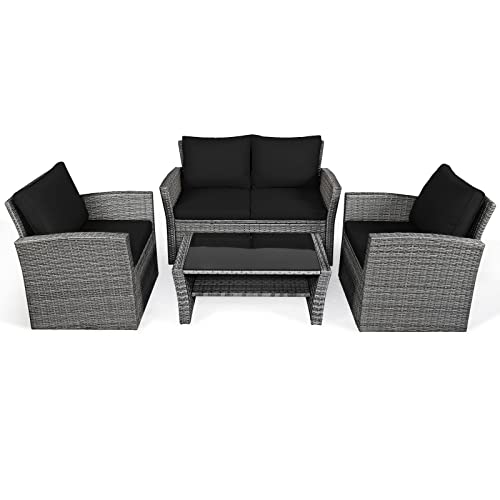 COSTWAY-4-Pieces-Patio-Rattan-Furniture-Set-Outdoor-Wicker-Sofa-Set-with-Tempered-Glass-Coffee-Table-Cushions-All-Weather-Rattan-Conversation-Set-for-Yard-Balcony-Backyard-Pool-Black COSTWAY 4 Pieces Patio Rattan Furniture Set Outdoor Wicker Sofa Set with Tempered Glass Coffee Table Cushions All Weather Rattan Conversation Set for Yard Balcony Backyard Pool Black