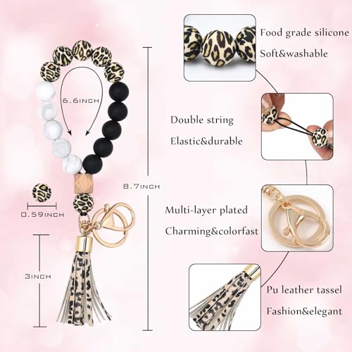 Image of BAOSIWA Silicone Key Ring Bracelet Wristlet Keychain Unique Beaded Bangle Key Chains for Women with Leather Tassel