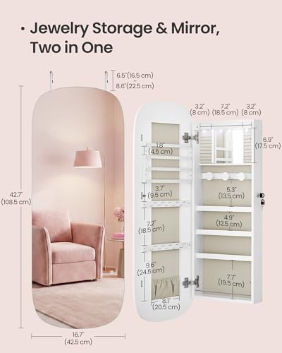 Image of SONGMICS HOME Jewelry Armoire, Mirror Jewelry Cabinet, Full Length Mirror with Storage, Wall or Over The Door Jewelry Organizer Cabinet, Built-in LED, Lockable Armoire, White