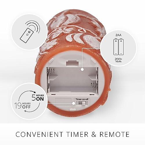 Image of Luminara Embossed Leaves and Pumpkins Moving Flame Pillar Candle 3.25 inch x 6.5 inch with Recessed Edge Unscented Real Wax LED Battery Operated Candle Lights