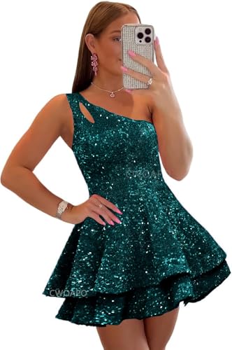 CWOAPO One Shoulder Sequin Homecoming Dresses 2025 Tiered Short Prom Dresses for Teens Sparkly Cocktail Party Gown