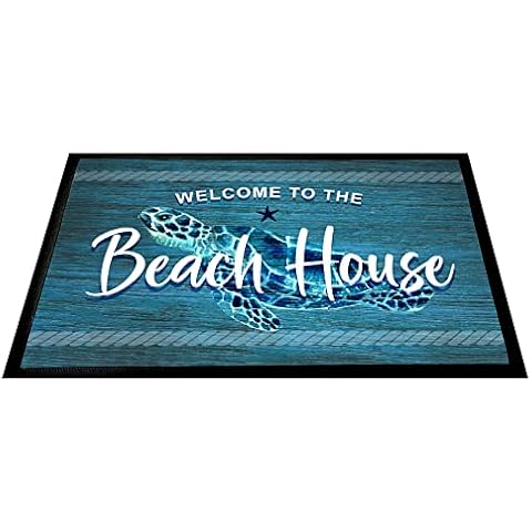 Turtle Beach hut/beach house, blue wood Door mat 60 x 40cm, non slip base mat Cover