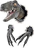 Petpigo Wall-Mounted 3D Dinosaur Wall Head Bust Sculpture Bursting Mounted Head Statue Bust Dinosaur Wall Art Ornaments for Family and Children's Bedroom (Grey)