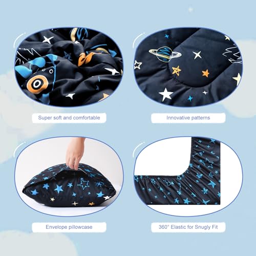 Image of david's kids 4 Piece Toddler Bedding Set - Soft Breathable Toddler Bedding Set for Boys Girls, Includes Quilted Comforter, Flat Sheet, Fitted Sheet and Pillowcase, Space