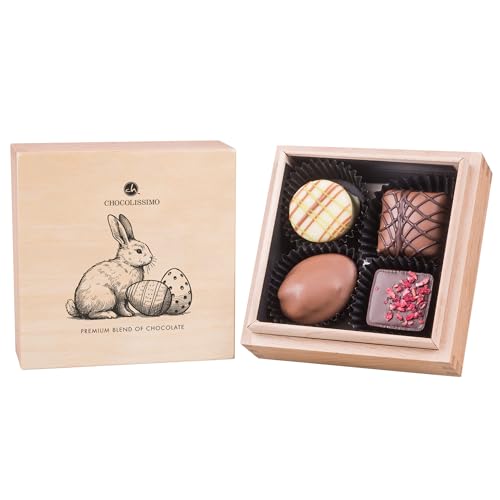 CHOCOLISSIMO Chocolates de Pascua de Lujo en Una Caja de Madera Fina, 4 Chocolates Hechos a Mano, Regalo de Pascua para Los Conocedores, Pascua Dulces Regalo, Pascua de Chocolate Dulces de Pascua