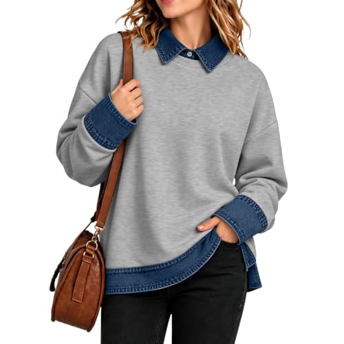 Women Polo Shirt Button Denim Patchwork Lapel Collar Long Sleeve Tops - image 4