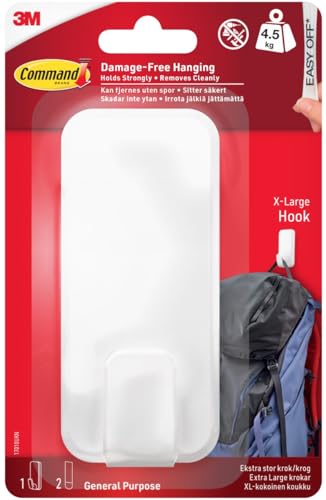 Command Utility Hook X-Large for Heavyweight - 1 Hook in White and 2 Adhesive Strips for Indoor and Other Items up to 4.5 kg - No Nails No Holes No Drilling