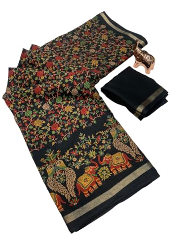 Image of Kalamkari Floral Prints Dola Silk Saree With Rich Zari Border Designer Pallu Attach Blouse Piece