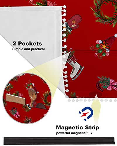 Fridge Dust Cover, Red Christmas Washing Machine Top Covers With 4 Storage Pockets, Xmas Tree Wreath Berry Christmas Stockings Kitchen Refrigerator Covers Protector Storage Organizer Bags, 28" X 67" #TOP5