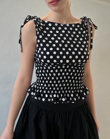 NUFIWI Women Cute Polka Dot Tank Top Boat Neck Smocked Going Out Y2k Tops Slim Fit Sleeveless Summer Shirts Streetwear2