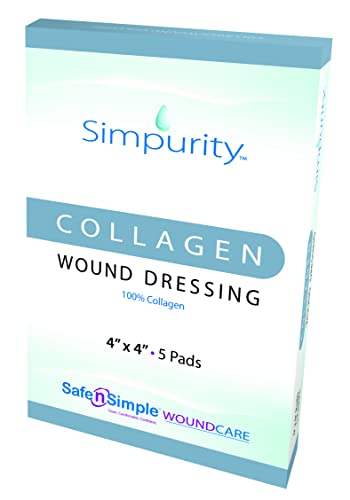 Simpurity 100% Pure Collagen Wound Dressing Pad, 4" x 4" Collagen Pads for Wound Care, Box of 5