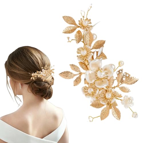 Pinzas para cabello con flores y perlas doradas miniatura 1