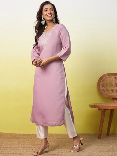 Image of Women's Embroidered Silk Straight Kurta Kurti | Below Knee Kurtas for Women Traditional Indian Wear Outfit Suitable Casual Festive Office Styling