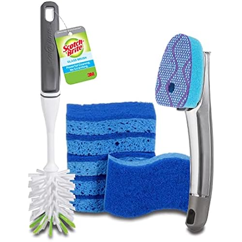 Scotch-Brite Kitchen Cleaning & Dish Washing Starter Kit: Non-Scratch Scrub Sponge (6 Pack) + Non-Scratch Advanced Soap Control Dishwand + Glass and Water Bottle Brush