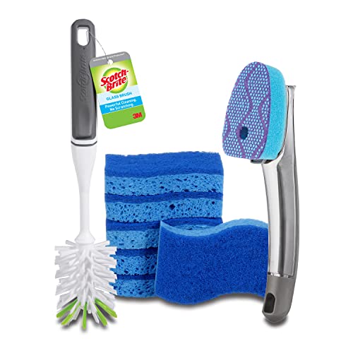 Image of Scotch-Brite Kitchen Cleaning & Dish Washing Starter Kit: Non-Scratch Scrub Sponge (6 Pack) + Non-Scratch Advanced Soap Control Dishwand + Glass and Water Bottle Brush