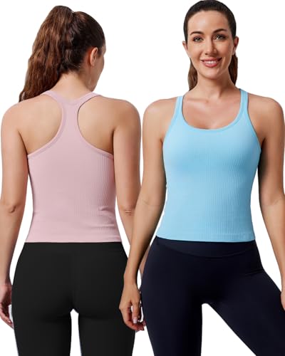 Image of Women's Workout Tank Tops, with Built in Bra Racerback Seamless Crop Tops | Removable Pads, 1 /2 /3 Pack, A-D Cup, High Support, Wireless, Full Coverage, Camisole Sport Tanks, for Yoga Gym Exercise Daily
