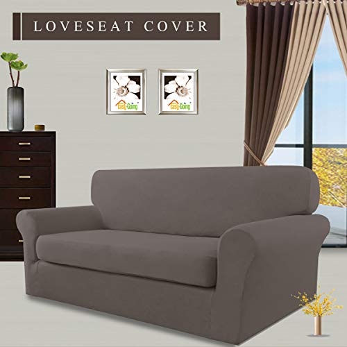 Image of Easy-Going 2 Pieces Stretch Loveseat Couch Sofa Slipcover Washable | Spandex Soft Fitted Sofa Couch Cover for Sofa Furniture Protector with Bottom Kids,Pet Dog Taupe