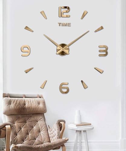 Image of Plastic Large DIY Analog Wall Clock Kit | Frameless Modern 3D Wall Clock With Mirror Number Stickers For Home Living Room Bedroom Office Decoration (Gold)