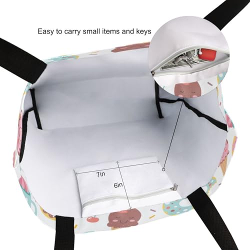 Cartoon Ice Cream and Donuts Canvas Tote Bag for Women with Zipper Pocket Reusable Grocery Shopping Bags Large Travel Shoulder Bag Handbag Bags3