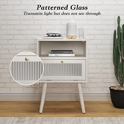 Soowery Mid Century Modern Nightstand With Charging Station, Bedside Tables With Glass Decorative Door, End Table Side Table With 2 Tiers Storage Space, For Bedroom, Living Room, White #TOP6