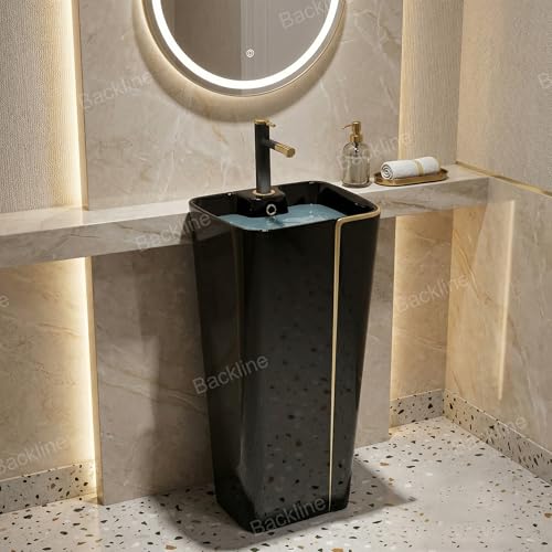 Image of B Backline Ceramic Pedestal Wash Basin Free Standing Wash Basin Bathroom Pedestal Basin For Living Room & Bathrooms 43 X 36 X 85 Cm (Black Glossy)
