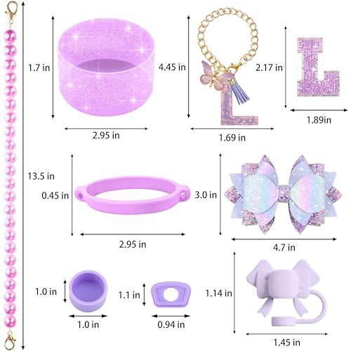 Hpebl 9PCS Purple for Stanley Cup Accessories Set Bling Initials Bow Charms for Stanley Decorations 30/40 Oz Tumbler Accessories Including Bow Straw Topper, Handle Strap, Spill Stopper(Letter L) - image 3