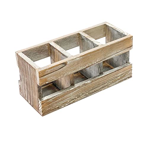 Cregugua Rustic Wooden Desk Organizer with 3 compartments Vintage Pen Pencil Holder (3.7x9.4x4.2 in)