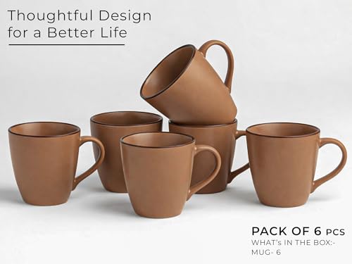 Image of Bodhi House Handcrafted Ceramic Coffee Mug Set of 6 Pieces (350 Ml), Stoneware Tea Cup Microwave Safe Large Milk Mug, Glossy Finish Ideal for Daily use, Casual Gatherings and Gifting, Terracotta Brown