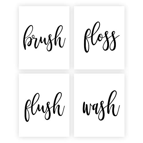 Bathroom Wall Art. Washroom Decor. Flush, Floss, Brush, Wash. 4 Set (8x10). UNFRAMED.