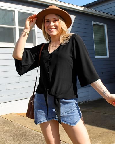 luvamia Women's Casual V Neck Tops 3/4 Sleeve Tie Knot Blouses Solid Button Down Shirts4