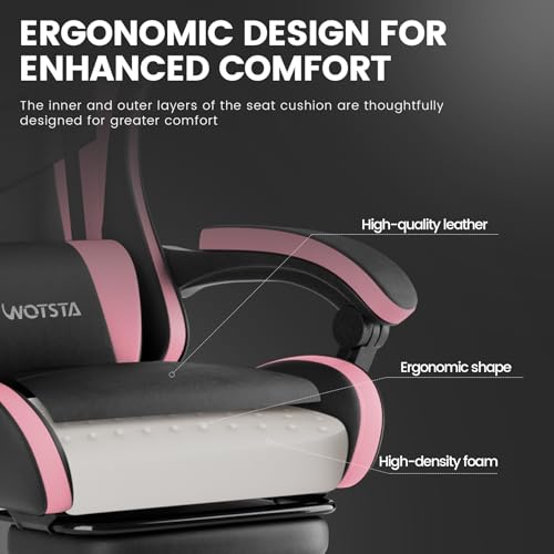 Image of Ergonomic Gaming & Office Chair, Footrest, Racing Design Black /Pink | PVC with headrest,lumbar, Adjustable Height recliner for adults 2D-Linkage Armrests for 300LBS