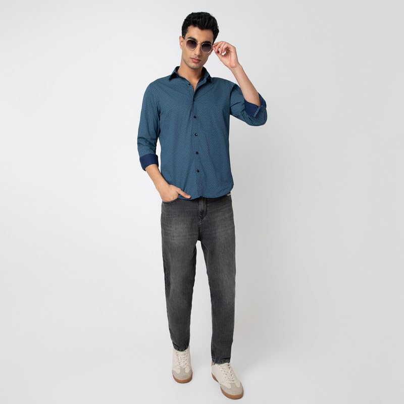 Image of MARK & ALBERT Men's Printed Full Sleeves Regular Fit Shirt Blue | 100% Cotton Stretchable Fabric
