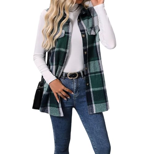 Womens Vest Jacket Plaid Flannel Sleeveless Shacket Open Front Cardigan Vest Casual Button Down Shirt Outerwear Vest