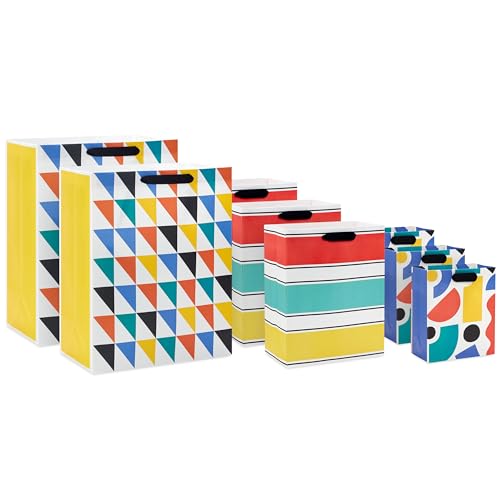 Hallmark Assorted Gift Bags (8 Bags: 3 Small 6', 3 Medium 9', 2 Large 13') Colorful Stripes, Triangles, Shapes