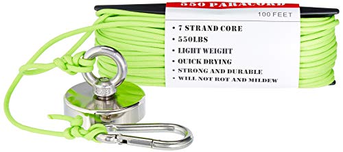 Magnet Fishing Kit “The Green Grabber” Fully Assembled Super Strong Magnet Neodymium 325 lbs Force with Factory Locked Eye Bolt Threads 100 ft of 550 Paracord and Snap Clip for Safe Attachment