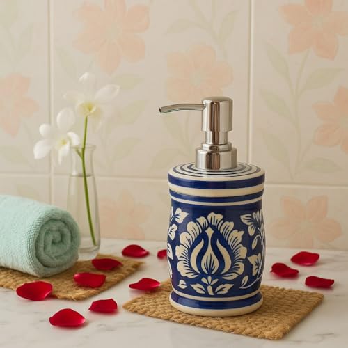Image of Ceramic Soap Dispenser 330ml (Set of 1) | Multipurpose Lotion, Hand Wash & Liquid Soap Pump Bottle for Bathroom & Kitchen | Blue Mughal Design