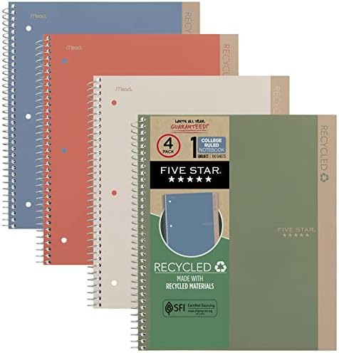 Five Star Spiral Notebook + Study App, Recycled Cover, 4 Pack, 1 Subject, College Ruled Paper, Fights Ink Bleed, Water Resistant Cover, 8-1/2” x 11", 100 Sheets per Notebook, Assorted Colors (820046)