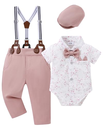Image of YALLET Baby Boy Clothes Suit Newborn Infant Gentleman Outfits, Formal Dress Shirt+ Bowtie+ Suspender Pants Wedding Party Set
