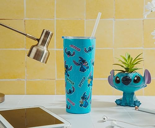 Image of Silver Buffalo Disney Lilo and Stitch Snacking and Expression Double Walled Stainless Steel Tumbler with Straw, 22 Ounces