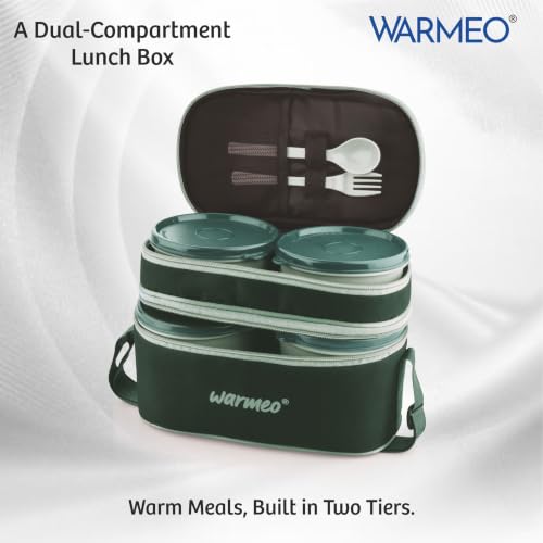 Image of WARMEO Micro Meal Microwave Safe Lunch Box | 1 Rectangular Container 600ml + 2 Round Container 350ml Each | BPA Free I Stylish Durable Jacket I Ideal for Office,School,Outdoor, Picnic,Green