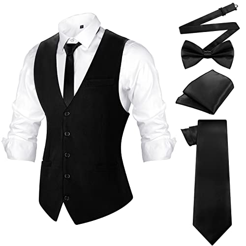 Haysandy Men's Formal Vest Set Business Classic Waistcoat with Necktie Bow Tie and Pocket Square for Tuxedo Wedding Dress - Main Image