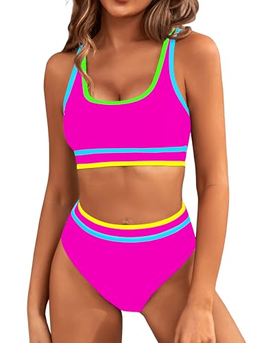Image of BMJL Women's High Waisted Bikini Sets Sporty Two Piece Swimsuits Color Block Tummy Control Modest Bathing Suit