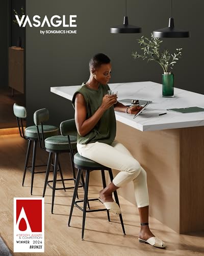 Image of VASAGLE EKHO Collection - Bar Stools Set of 2, Swivel Counter Height Bar Stools with Back, Synthetic Leather with Stitching, Mid-Century Modern, 25.6-Inch Tall Barstools, Forest Green ULBC089C01V2
