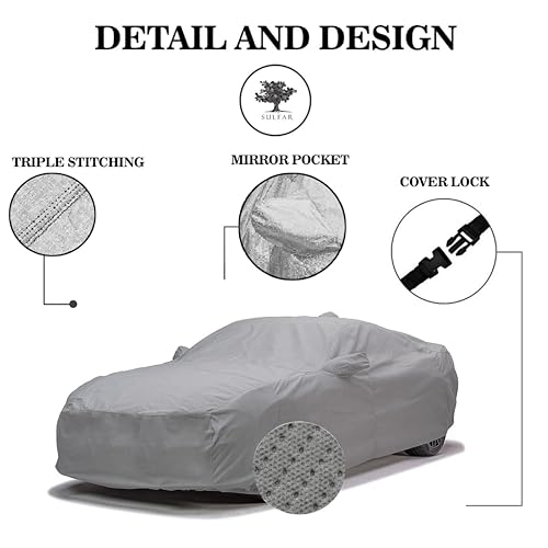 Image of Sulfar 100% Waterproof Car Body Cover Compatible with Mirror for Tata Indigo ECS (Triple Stitched, Full Bottom Elastic, Grey-TB)